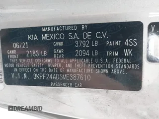 2021 Kia Forte LXS with VIN 3KPF24AD5ME387610, listed as a IAAI auction lot 42133985 with 31,437 mi miles and . Bid and sale history available at carsss.com. Image 9.