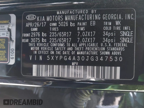 2018 Kia Sorento LX with VIN 5XYPG4A30JG347530, listed as a IAAI auction lot 39296923 with 73,096 mi miles. Bid and sale history available at carsss.com. Image 9.