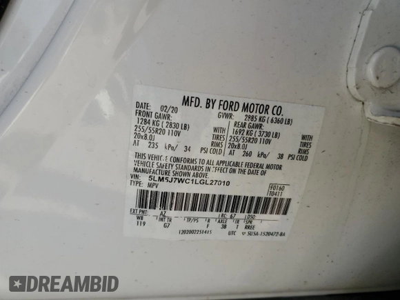 2020 Lincoln Aviator Reserve with VIN 5LM5J7WC1LGL27010, listed as a Copart auction lot 48890555 with 95,874 mi miles and Clean title. Bid and sale history available at DreamBid. Image 13.