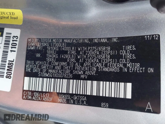 2013 Toyota Sequoia SR5 with VIN 5TDBW5G1XDS078226, listed as a IAAI auction lot 41553787 with 190,632 mi miles. Bid and sale history available at carsss.com. Image 9.