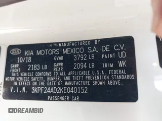 2019 Kia Forte LXS with VIN 3KPF24AD2KE040152, listed as a IAAI auction lot 41679814 with 1 mi miles. Bid and sale history available at carsss.com. Image 9.