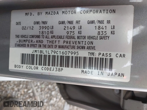 2012 Mazda 3 i Touring with VIN JM1BL1L79C1607995, listed as a IAAI auction lot 42254595 with 203,809 mi miles and . Bid and sale history available at DreamBid. Image 9.
