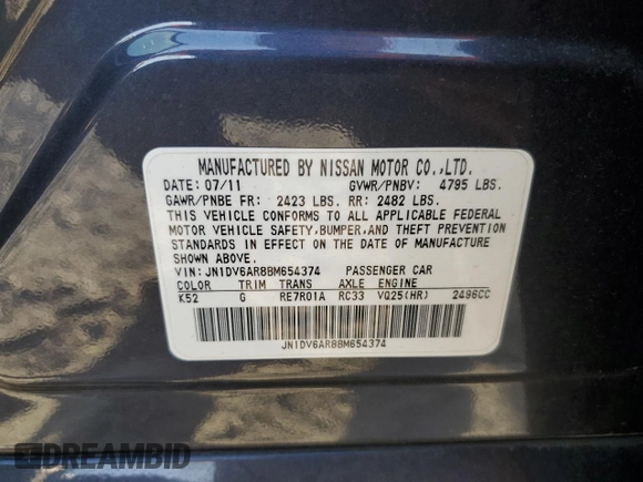 2011 Infiniti G25 x with VIN JN1DV6AR8BM654374, listed as a Copart auction lot 75913834 with Not provided miles and Salvage title. Bid and sale history available at DreamBid. Image 12.