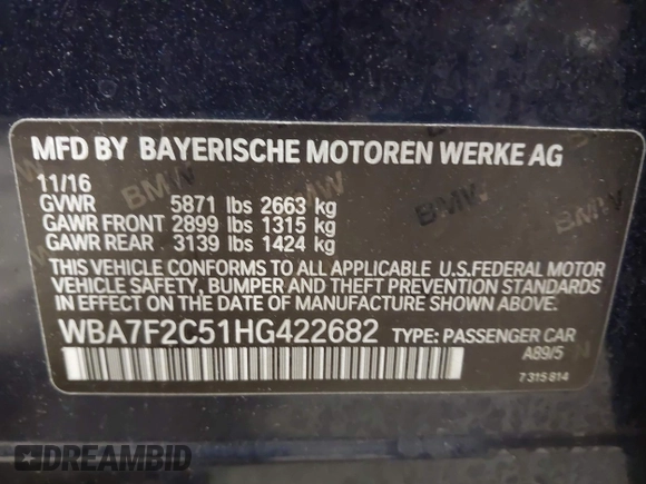 2017 BMW 7 Series ALPINA B7 xDrive with VIN WBA7F2C51HG422682, listed as a IAAI auction lot 42341486 with 117,722 mi miles and . Bid and sale history available at DreamBid. Image 9.