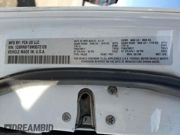 2021 Ram 1500 Tradesman z VIN 1C6RR6FT8MS572128, wystawiony jako Copart lot #46240285 z przebiegiem 74 702 mil mil oraz Szkoda całkowita • Salvage title. Historia ofert i sprzedaży dostępna na DreamBid. Obrazek 12.