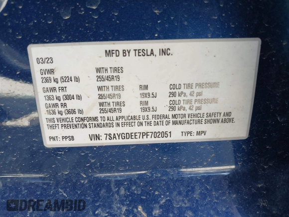 2023 Tesla Model Y Long Range with VIN 7SAYGDEE7PF702051, listed as a IAAI auction lot 42074182 with 50,473 mi miles and . Bid and sale history available at DreamBid. Image 9.