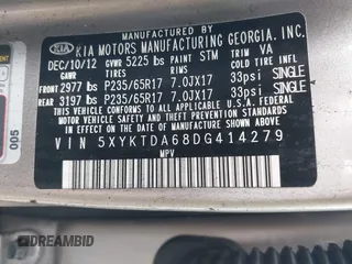 2013 Kia Sorento LX with VIN 5XYKTDA68DG414279, listed as a IAAI auction lot 41819043 with 1 mi miles. Bid and sale history available at carsss.com. Image 9.