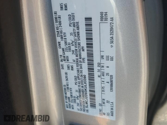 2019 Lincoln MKC Select with VIN 5LMCJ2D93KUL03390, listed as a Copart auction lot 49171235 with 63,417 mi miles and Salvage title. Bid and sale history available at DreamBid. Image 13.