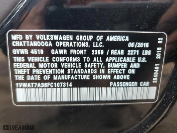 2015 Volkswagen Passat 1.8T S with VIN 1VWAT7A36FC107314, listed as a Copart auction lot 47838965 with 149,023 mi miles and Salvage Title. Bid and sale history available at carsss.com. Image 15.