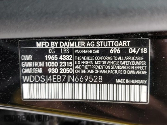 2018 Mercedes-Benz CLA with VIN WDDSJ4EB7JN669528, listed as a Copart auction lot 69177812 with 47,397 mi miles. Bid and sale history available at carsss.com. Image 13.