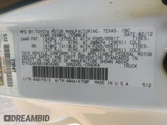 2012 Toyota Tacoma with VIN 5TFUU4EN8CX034202, listed as a IAAI auction lot 41117523 with 179,446 mi miles. Bid and sale history available at carsss.com. Image 9.