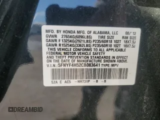 2012 Honda Pilot EX-L with VIN 5FNYF4H52CB083641, listed as a Copart auction lot 46923865 with 105,120 mi miles and Salvage Title. Bid and sale history available at DreamBid. Image 13.