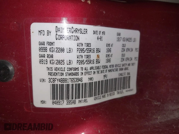 2001 Chrysler PT Cruiser with VIN 3C8FY4BB81T653946, listed as a IAAI auction lot 41840256 with 132,286 mi miles. Bid and sale history available at carsss.com. Image 9.