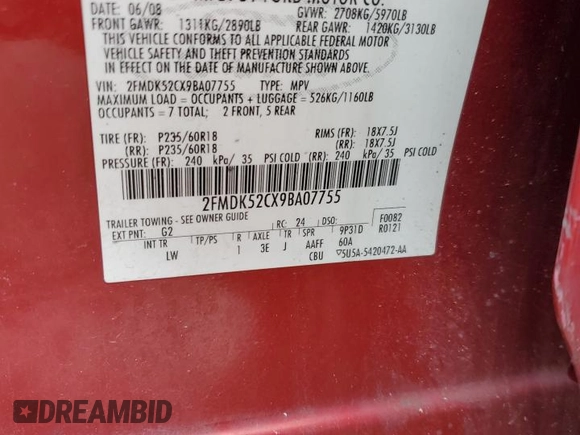 2009 Ford Flex SEL z VIN 2FMDK52CX9BA07755, wystawiony jako Copart lot #56385835 z przebiegiem 206 539 mil mil oraz Szkoda całkowita • Salvage title. Historia ofert i sprzedaży dostępna na DreamBid. Obrazek 12.