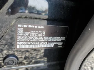 2016 BMW M6 with VIN WBS6E9C58GGF92624, listed as a Copart auction lot 53804955 with Not provided miles and Salvage title. Bid and sale history available at DreamBid. Image 12.