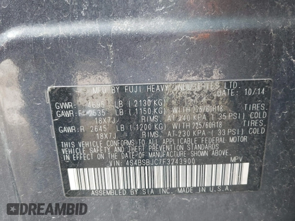 2015 Subaru Outback Limited with VIN 4S4BSBJC7F3243900, listed as a IAAI auction lot 41870108 with 171,681 mi miles and . Bid and sale history available at DreamBid. Image 9.