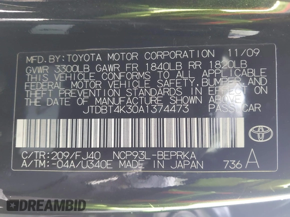 2010 Toyota Yaris with VIN JTDBT4K30A1374473, listed as a IAAI auction lot 41930272 with 194,298 mi miles and . Bid and sale history available at DreamBid. Image 9.