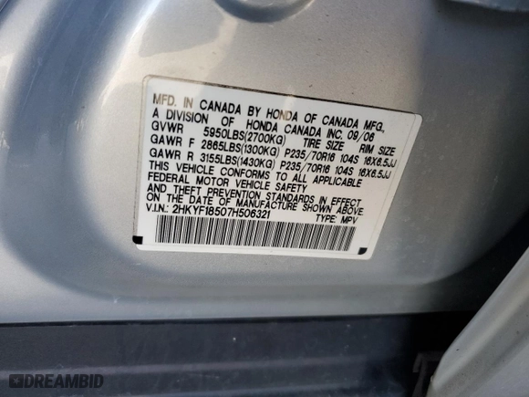 2007 Honda Pilot EX-L with VIN 2HKYF18507H506321, listed as a Copart auction lot 47610965 with 141,401 mi miles and Clean Title. Bid and sale history available at carsss.com. Image 13.