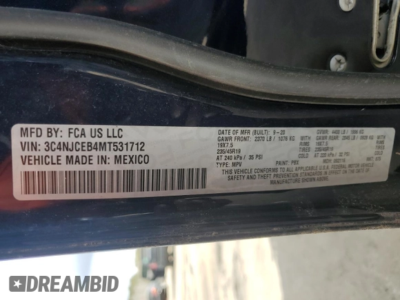 2021 Jeep Compass 80th Anniversary z VIN 3C4NJCEB4MT531712, wystawiony jako Copart lot #78166824 z przebiegiem 58 837 mil mil oraz Nie do naprawy • Non repairable. Historia ofert i sprzedaży dostępna na DreamBid. Obrazek 14.