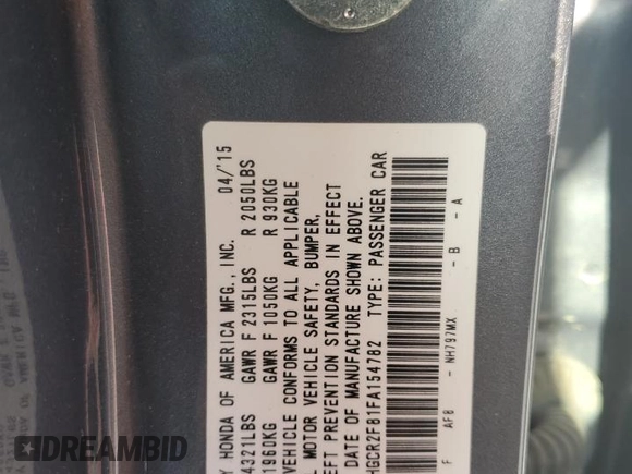2015 Honda Accord EX-L z VIN 1HGCR2F81FA154782, wystawiony jako Copart lot #63822375 z przebiegiem 193 920 mil mil oraz Szkoda całkowita • Salvage title. Historia ofert i sprzedaży dostępna na DreamBid. Obrazek 13.