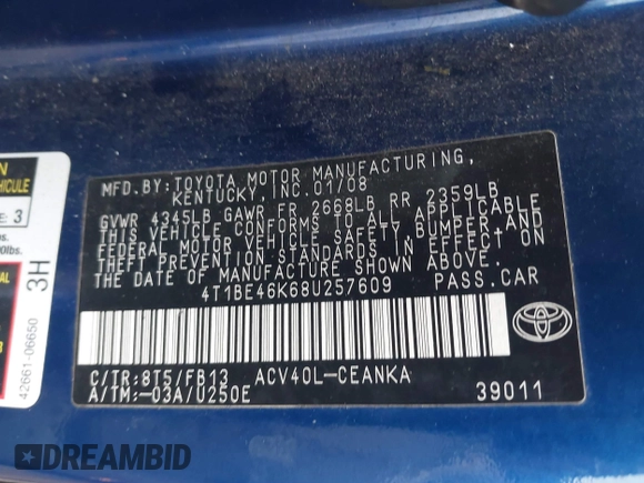 2008 Toyota Camry LE with VIN 4T1BE46K68U257609, listed as a IAAI auction lot 41704708 with 182,764 mi miles. Bid and sale history available at carsss.com. Image 9.