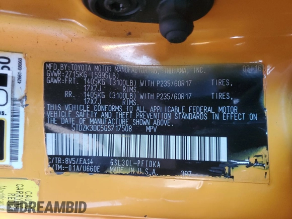 2016 Toyota Sienna L with VIN 5TDZK3DC5GS717508, listed as a Copart auction lot 42339125 with 166,936 mi miles and Salvage title. Bid and sale history available at DreamBid. Image 13.