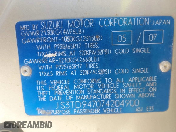 2007 Suzuki Grand Vitara Luxury z VIN JS3TD947074204900, wystawiony jako IAAI lot #41488003 z przebiegiem 187 502 mil mil oraz . Historia ofert i sprzedaży dostępna na DreamBid. Obrazek 9.
