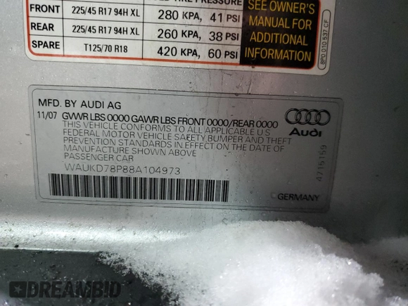 2008 Audi A3 S-Line with VIN WAUKD78P88A104973, listed as a Copart auction lot 44370765 with 209,088 mi miles and Salvage Title. Bid and sale history available at carsss.com. Image 15.