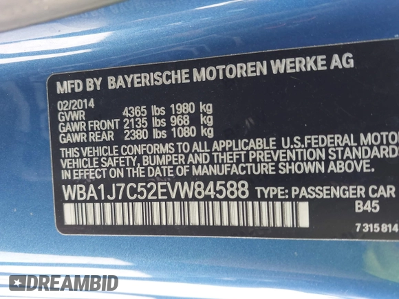 2014 BMW 2 Series M235i with VIN WBA1J7C52EVW84588, listed as a IAAI auction lot 42490194 with 103,998 mi miles and . Bid and sale history available at DreamBid. Image 9.