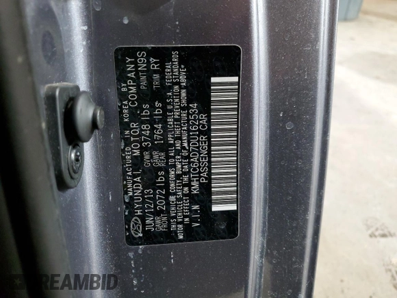 2013 Hyundai Veloster w/Black Int с VIN KMHTC6AD7DU162534, выставлен на аукционе Copart как лот 54061425 с пробегом Не указан миль и Списание • Salvage title. История ставок и продаж доступна на DreamBid. Изображение 12.