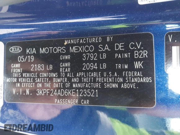 2019 Kia Forte LXS with VIN 3KPF24AD6KE123521, listed as a IAAI auction lot 42020460 with 72,927 mi miles. Bid and sale history available at carsss.com. Image 9.