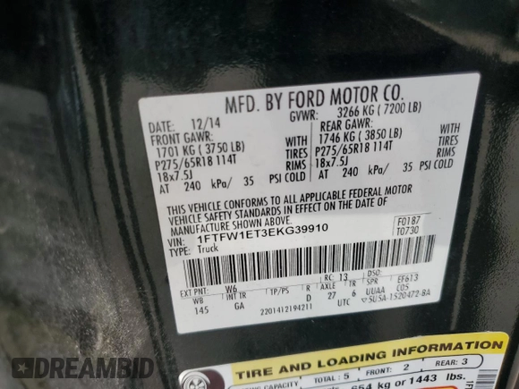 2014 Ford F-150 XL with VIN 1FTFW1ET3EKG39910, listed as a Copart auction lot 61995165 with 139,067 mi miles and Salvage title. Bid and sale history available at DreamBid. Image 12.