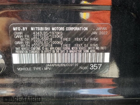 2022 Mitsubishi Outlander SE with VIN JA4APVAU6NU009195, listed as a Copart auction lot 52381595 with 43,969 mi miles and Salvage title. Bid and sale history available at DreamBid. Image 15.