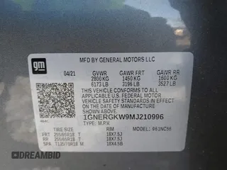 2021 Chevrolet Traverse LT Cloth with VIN 1GNERGKW9MJ210996, listed as a IAAI auction lot 41439953 with 52,099 mi miles. Bid and sale history available at carsss.com. Image 9.