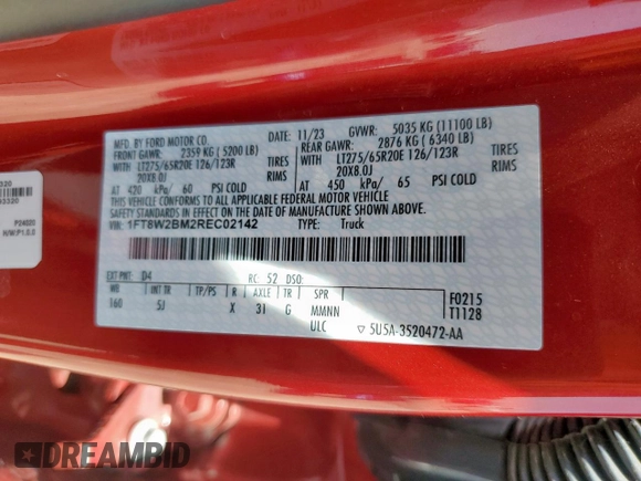 2024 Ford F-250 XL с VIN 1FT8W2BM2REC02142, выставлен на аукционе Copart как лот 58368065 с пробегом 18 776 миль миль и На запчасти • Non repairable. История ставок и продаж доступна на DreamBid. Изображение 12.