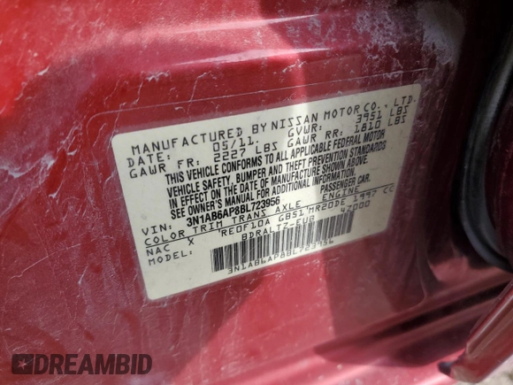2011 Nissan Sentra SL with VIN 3N1AB6AP8BL723956, listed as a Copart auction lot 82261984 with 113,286 mi miles and Salvage Title. Bid and sale history available at DreamBid. Image 12.