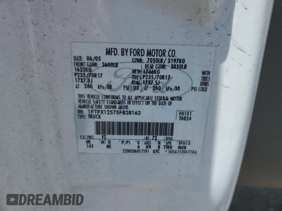 2005 Ford F-150 XLT with VIN 1FTPX12575FB38163, listed as a Copart auction lot 57256425 with 150,834 mi miles and Clean title. Bid and sale history available at DreamBid. Image 12.