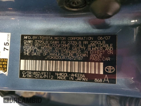 2007 Toyota Prius with VIN JTDKB20U977672187, listed as a Copart auction lot 56527915 with 190,568 mi miles and Clean Title. Bid and sale history available at DreamBid. Image 12.