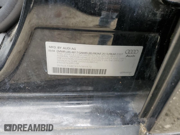 2005 Audi A4 3.0L z VIN WAULT68EX5A085970, wystawiony jako Copart lot #74258684 z przebiegiem Nie podano mil oraz Szkoda całkowita • Salvage title. Historia ofert i sprzedaży dostępna na DreamBid. Obrazek 12.