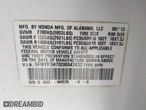 2013 Honda Pilot EX-L with VIN 5FNYF3H70DB043832, listed as a IAAI auction lot 40880885 with 250,712 mi miles and . Bid and sale history available at DreamBid. Image 9.