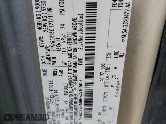 2015 Ford Transit XL z VIN 1FBZX2ZM9FKA16509, wystawiony jako Copart lot #46915775 z przebiegiem 115 620 mil mil oraz Szkody całkowita. Historia ofert i sprzedaży dostępna na DreamBid. Obrazek 13.
