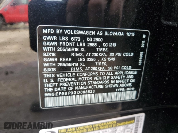 2016 Volkswagen Touareg Sport z VIN WVGEF9BP3GD008823, wystawiony jako Copart lot #56838985 z przebiegiem 49 612 mil mil oraz Nie do naprawy • Non repairable. Historia ofert i sprzedaży dostępna na DreamBid. Obrazek 14.