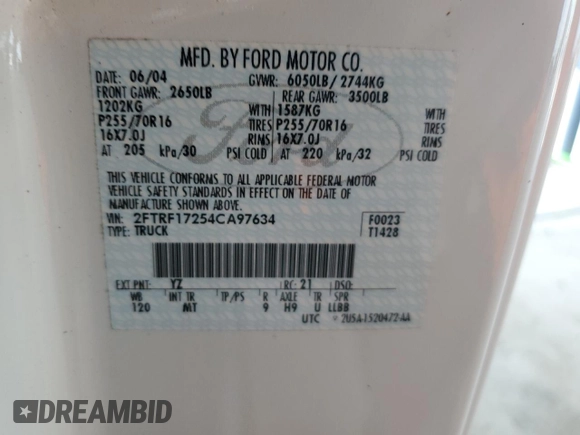 2004 Ford F-150 XL with VIN 2FTRF17254CA97634, listed as a Copart auction lot 62495595 with 241,384 mi miles and Clean title. Bid and sale history available at DreamBid. Image 12.