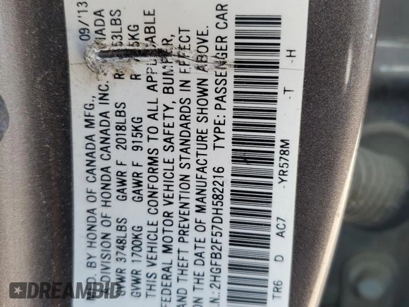 2013 Honda Civic LX with VIN 2HGFB2F57DH582216, listed as a Copart auction lot 61100525 with 165,292 mi miles and Salvage title. Bid and sale history available at DreamBid. Image 13.