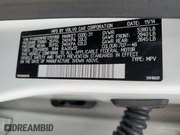2015 Volvo XC60 T6 Platinum с VIN YV4902RM5F2701166, выставлен на аукционе Copart как лот 57146735 с пробегом 156 235 миль миль и Списание • Salvage title. История ставок и продаж доступна на DreamBid. Изображение 13.
