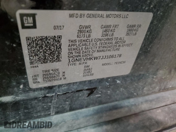 2018 Chevrolet Traverse LT Leather with VIN 1GNEVHKW7JJ106178, listed as a Copart auction lot 51014415 with 120,882 mi miles and Salvage Title. Bid and sale history available at carsss.com. Image 13.