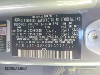 2020 Kia Telluride LX z VIN 5XYP2DHC3LG073697, wystawiony jako IAAI lot #42080775 z przebiegiem 78 069 mil mil oraz . Historia ofert i sprzedaży dostępna na DreamBid. Obrazek 9.