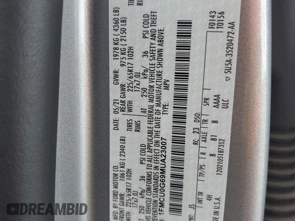 2021 Ford Escape SE with VIN 1FMCU0G69MUA23007, listed as a Copart auction lot 61445085 with Not provided miles and Salvage title. Bid and sale history available at DreamBid. Image 13.