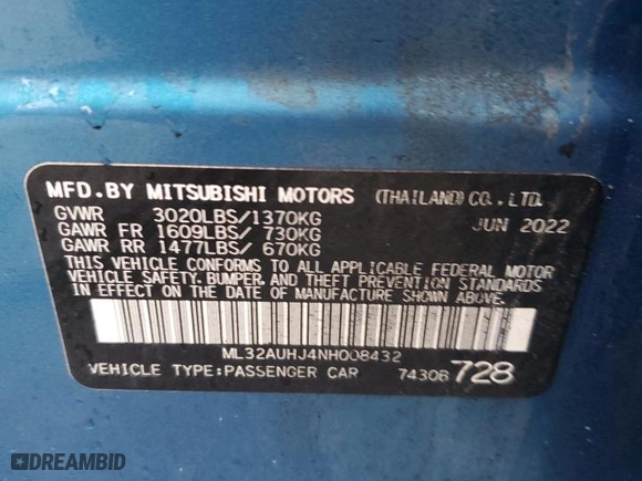 2022 Mitsubishi Mirage ES with VIN ML32AUHJ4NH008432, listed as a Copart auction lot 50357545 with 32,850 mi miles and Salvage Title. Bid and sale history available at carsss.com. Image 14.