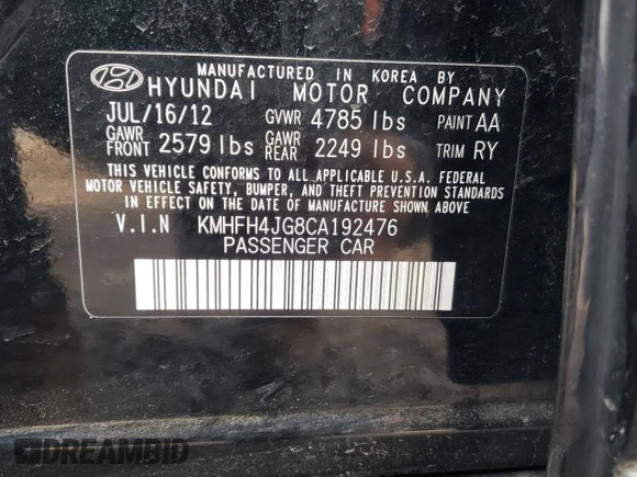 2012 Hyundai Azera with VIN KMHFH4JG8CA192476, listed as a Copart auction lot 57971925 with 141,346 mi miles and Salvage title. Bid and sale history available at DreamBid. Image 12.